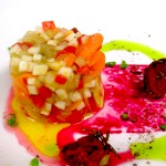 Pickled Root Vegetables, Beet Juice Reduction, Semi Dried Heirloom Tomatoes, Chive oil 